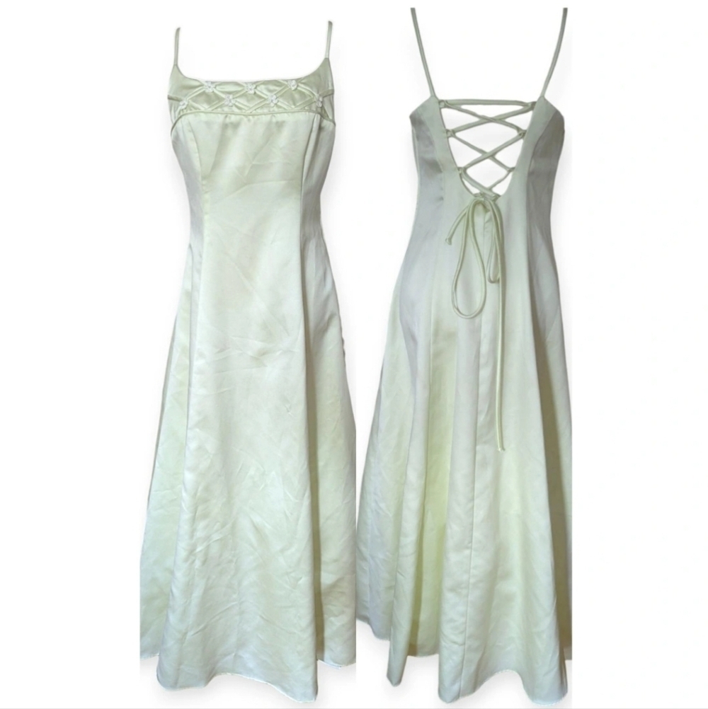 Vintage Y2K Prom Dress Chartreuse Delicate Floral Corset Fairy Regency Hoco